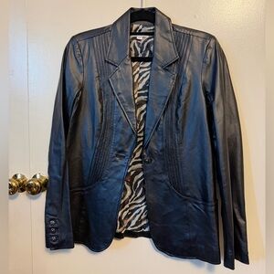 Denim & Co.black leather jacket;pintuck details;multicolored animal print lining
